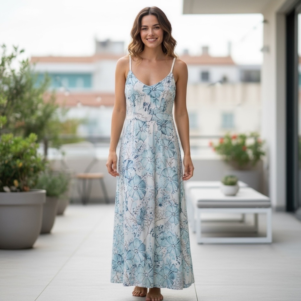 Blue Floral Maxi Slip Dress Elastic Adjustable Straps Empire Waist Zipper Sz Med